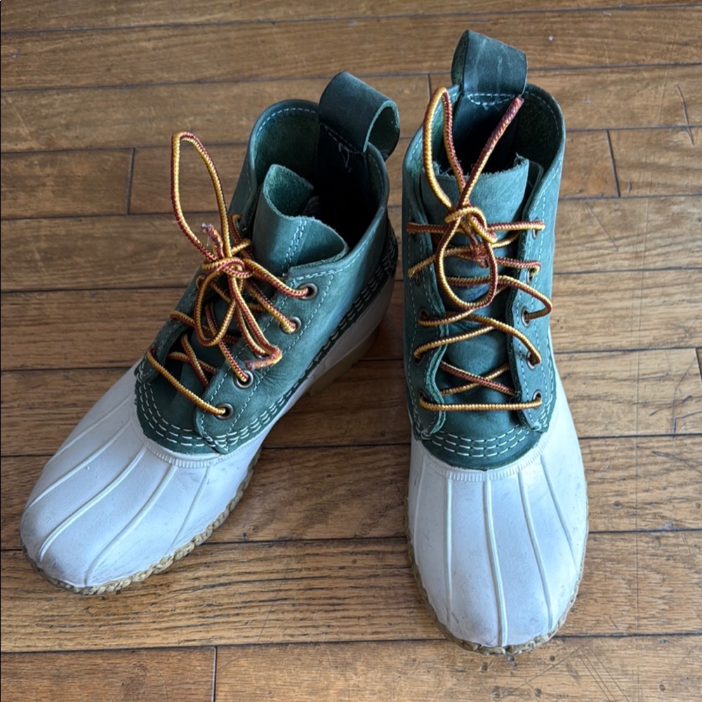 L.L. Bean Green and White Rain Bean Boots